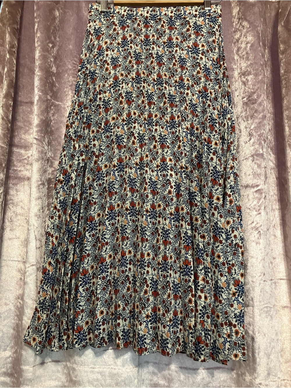 Max Studio Floral Pleated Midi Skirt in Navy, Rust & Cream